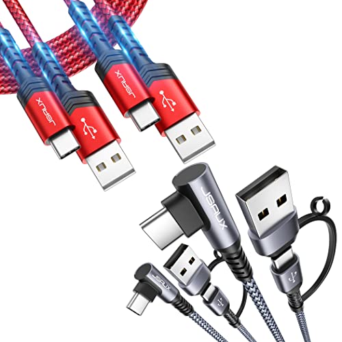 JSaux 90 מעלות USB-A/C ל- USB-C QC & PD 2-in-1 כבל [2-Pack] + USB C ל- USB A כבל [2-Pack]